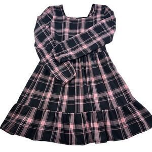 The Childrens Place Girls Pink Black Plaid Long Sleeve Tiered Ruffle Dress Sz 14